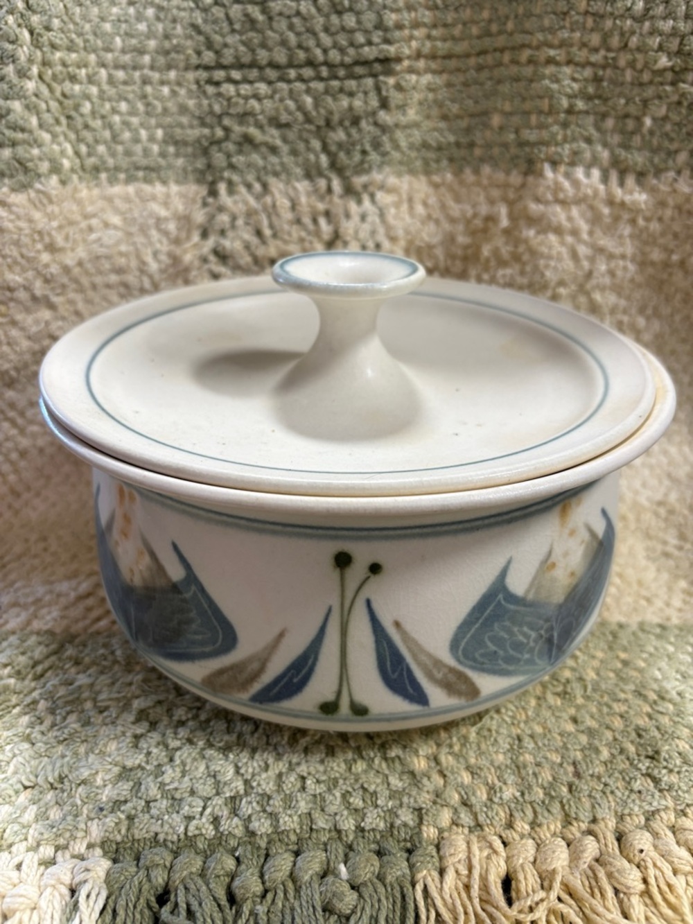 Covered Ceramic Casserole Bowl with Blue Floral Motif